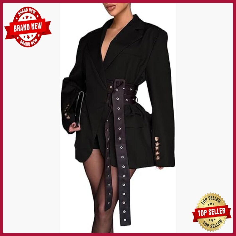 Long Sleeve Lapel Blazer with Belt Business Casual Jacket Polyester